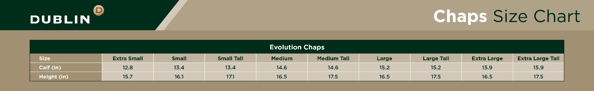Dublin Evolution Half Chap Size Chart